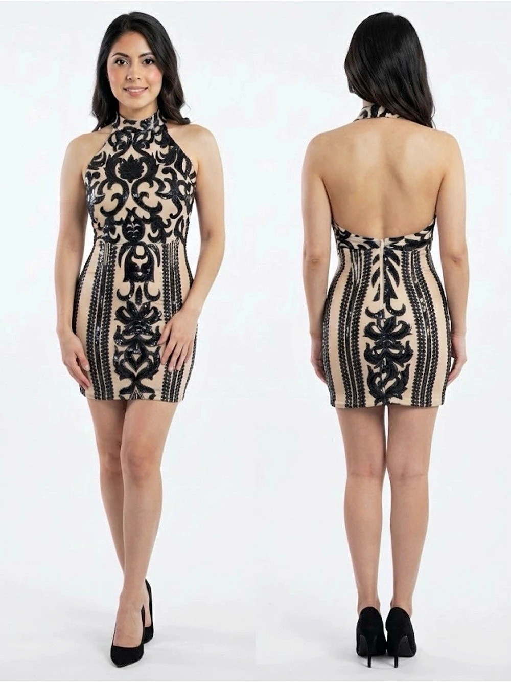 BANJUL Black & White Beaded Halter Mini Dress size Small